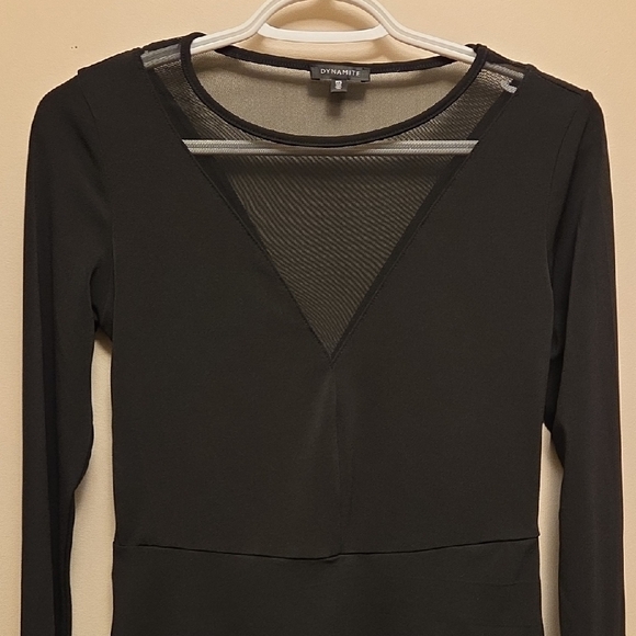Dynamite Black Long Sleeve Dress Top With Mesh V Neck Panel Size S - Picture 4 of 8